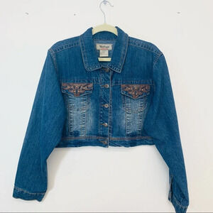 Nofuze Denim Crop Jacket Woman 2X‎ Studded Blue Faux Leather Trim Y2K